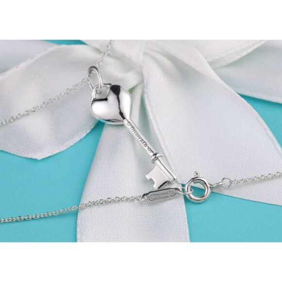 Tiffany & Co. Key Necklace Blue Enamel Heart Key Pendant in Sterling Silver 16" - Picture 3 of 7